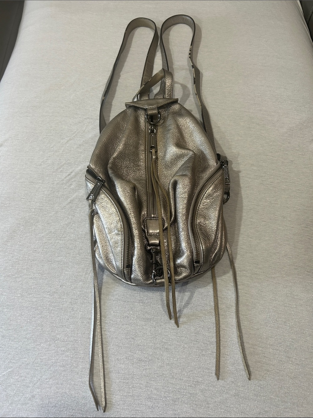 Rebecca Minkoff Metallic Silver Leather Sling Backpack GUC